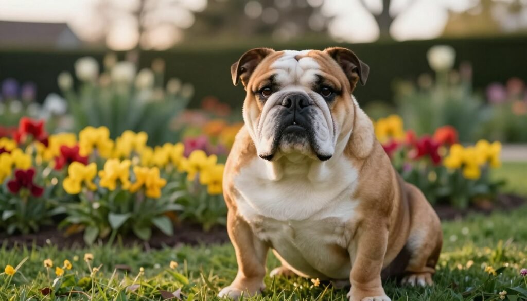 A charming Bulldog sitting serenely in a lush garden, showcasing its unique features like the wrinkled face and stocky build. In the foreground, capture the dog's expressive eyes and stocky frame, while the middle ground features vibrant flower beds in full bloom, symbolizing the warmth of life. In the background, gently blurred trees provide a sense of depth. The lighting should be soft and natural, simulating late afternoon sun, casting a golden hue to enhance the cozy atmosphere. Use a slight low angle to emphasize the Bulldog's presence. The overall mood should be peaceful and inviting, perfect for highlighting the affectionate nature of Bulldogs and their average lifespan in a nurturing environment.
