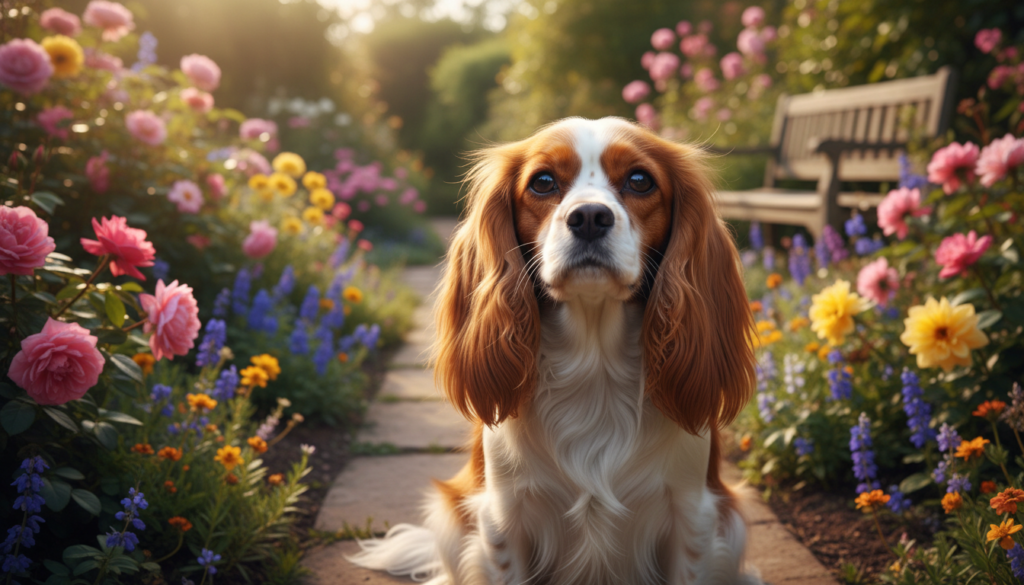A charming English Toy Spaniel sits gracefully in the foreground, showcasing its distinctive physical characteristics: a round head, large, expressive eyes, and long, luscious ears that cascade down its sides. The dog's silky coat features a mix of rich chestnut and white colors, sparkling in the soft, natural light. In the middle ground, a lush, green garden with blooming flowers provides a vibrant backdrop, complementing the dog's affectionate demeanor. The image is captured from a slightly low angle to emphasize the dog's gentle expression and regal posture. The atmosphere is warm and inviting, reflecting the affectionate nature of this breed, perfect for a home setting. The overall tone is bright and cheerful, evoking feelings of companionship and warmth.