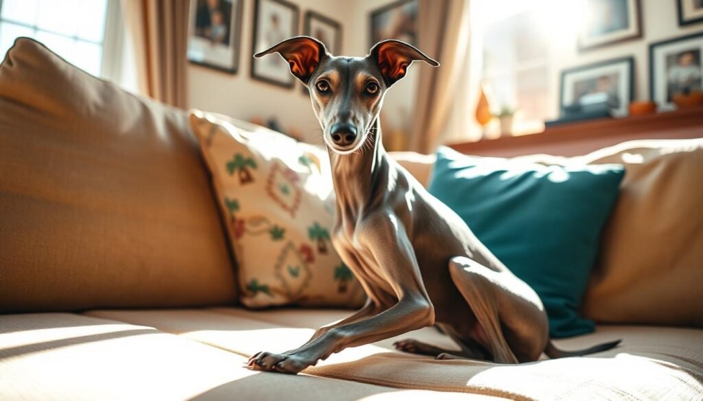 A charming Italian Greyhound sits gracefully on a plush, inviting couch in a well-lit family living room. The dog has a sleek, slender body and a short, glossy coat with rich shades of blue and fawn. Sunlight streams through a nearby window, casting a warm glow on the scene, highlighting the dog's elegant posture and soft features. In the background, a cozy family setting is visible, with colorful cushions and framed family photos adorning the walls, hinting at a nurturing environment. The overall mood is warm, welcoming, and joyful, emphasizing the breed's suitability for family life. The image should be captured at eye level, creating an intimate and engaging perspective.