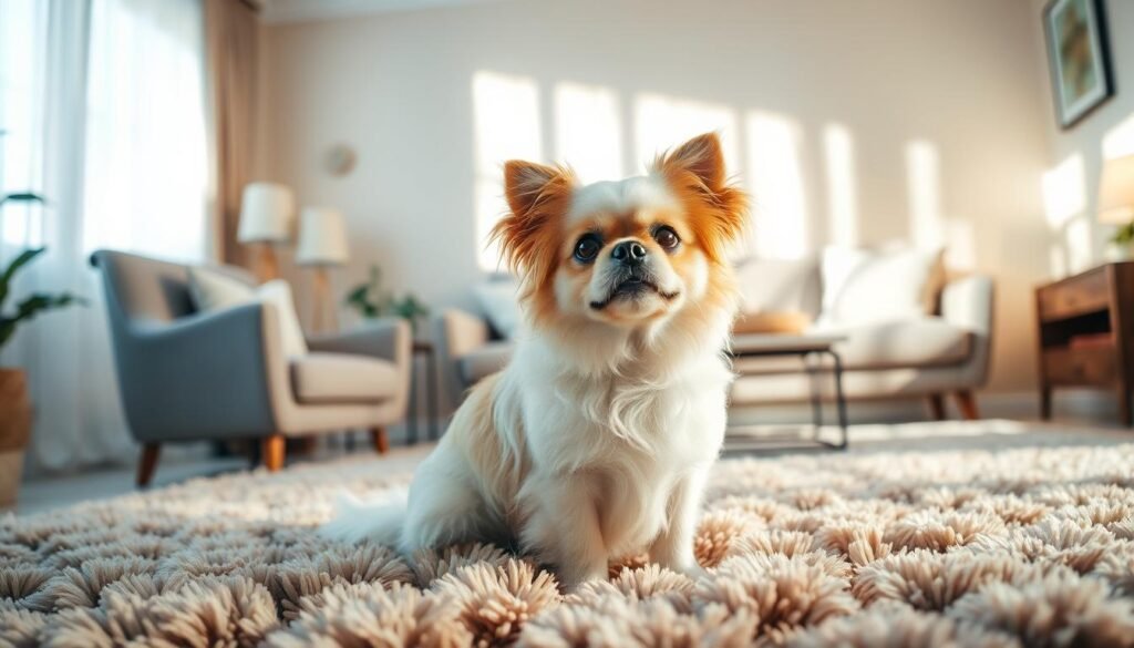 A charming Japanese Chin dog seated gracefully on a plush, soft rug in a warm, inviting living room. The foreground features the dog’s fluffy coat shimmering under soft, natural light, highlighting its expressive eyes and playful demeanor. In the middle ground, a cozy setting includes a stylish armchair and a coffee table adorned with a couple of dog toys, capturing the dog’s lively and affectionate personality. The background displays soft pastel-colored walls and a window with sheer curtains, allowing gentle sunlight to stream in, creating an uplifting and serene atmosphere. The overall mood is one of warmth, playfulness, and companionship, illustrating the cheerful temperament of the Japanese Chin. Use a shallow depth of field to focus on the dog while softly blurring the surroundings.