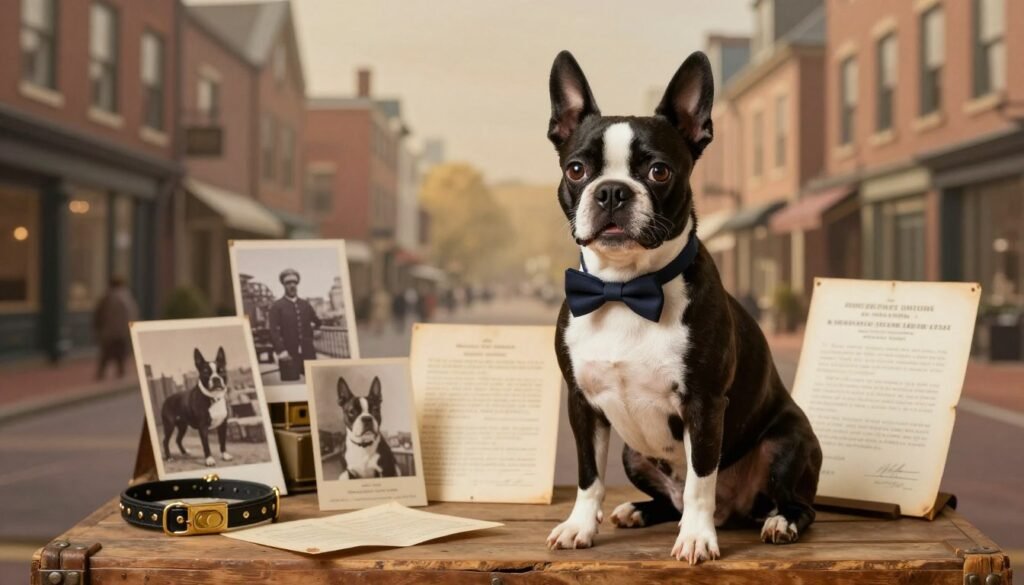 A charming and nostalgic scene showcasing the history of the Boston Terrier. **Foreground**: A cheerful Boston Terrier sits proudly on a vintage wooden crate, wearing a classic bow tie, symbolizing its affectionate nature. **Middle**: An array of historical artifacts, such as a dog collar, early photographs of Boston Terriers, and old breed registration documents, arranged around the dog, creating a sense of the breed's evolution over time. **Background**: Softly blurred images of 19th-century Boston streets, highlighting the town's signature architecture, painted in warm, golden tones, with gentle sunlight illuminating the scene, evoking a warm and inviting atmosphere. Use a shallow depth of field to enhance focus on the dog and artifacts. Capture a warm, nostalgic mood, celebrating the enduring companionship offered by Boston Terriers throughout history. A charming and nostalgic scene showcasing the history of the Boston Terrier. **Foreground**: A cheerful Boston Terrier sits proudly on a vintage wooden crate, wearing a classic bow tie, symbolizing its affectionate nature. **Middle**: An array of historical artifacts, such as a dog collar, early photographs of Boston Terriers, and old breed registration documents, arranged around the dog, creating a sense of the breed's evolution over time. **Background**: Softly blurred images of 19th-century Boston streets, highlighting the town's signature architecture, painted in warm, golden tones, with gentle sunlight illuminating the scene, evoking a warm and inviting atmosphere. Use a shallow depth of field to enhance focus on the dog and artifacts. Capture a warm, nostalgic mood, celebrating the enduring companionship offered by Boston Terriers throughout history.