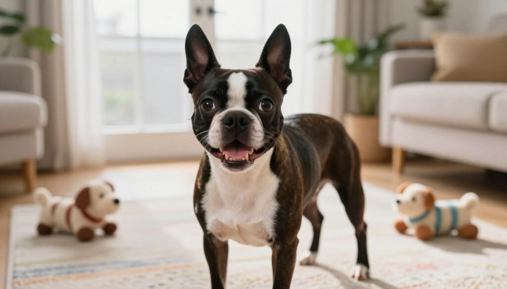 A cheerful Boston Terrier with an expressive face and perked ears, showcasing its playful and affectionate temperament. The dog is positioned in the foreground, energetically wagging its tail, exuding friendliness and warmth. The middle ground features a cozy living room setting with soft, natural light filtering through a large window, creating a warm and inviting atmosphere. Plush dog toys are scattered on a colorful rug, emphasizing the pet's playful nature. In the background, plants and light-colored furniture add to the homely feel, suggesting adaptability to a family lifestyle. The overall mood is joyful and lively, capturing the essence of an affectionate companion. The scene is shot at eye level, giving an intimate perspective. The lighting is soft and warm, enhancing the dog's features and the inviting environment. A cheerful Boston Terrier with an expressive face and perked ears, showcasing its playful and affectionate temperament. The dog is positioned in the foreground, energetically wagging its tail, exuding friendliness and warmth. The middle ground features a cozy living room setting with soft, natural light filtering through a large window, creating a warm and inviting atmosphere. Plush dog toys are scattered on a colorful rug, emphasizing the pet's playful nature. In the background, plants and light-colored furniture add to the homely feel, suggesting adaptability to a family lifestyle. The overall mood is joyful and lively, capturing the essence of an affectionate companion. The scene is shot at eye level, giving an intimate perspective. The lighting is soft and warm, enhancing the dog's features and the inviting environment.
