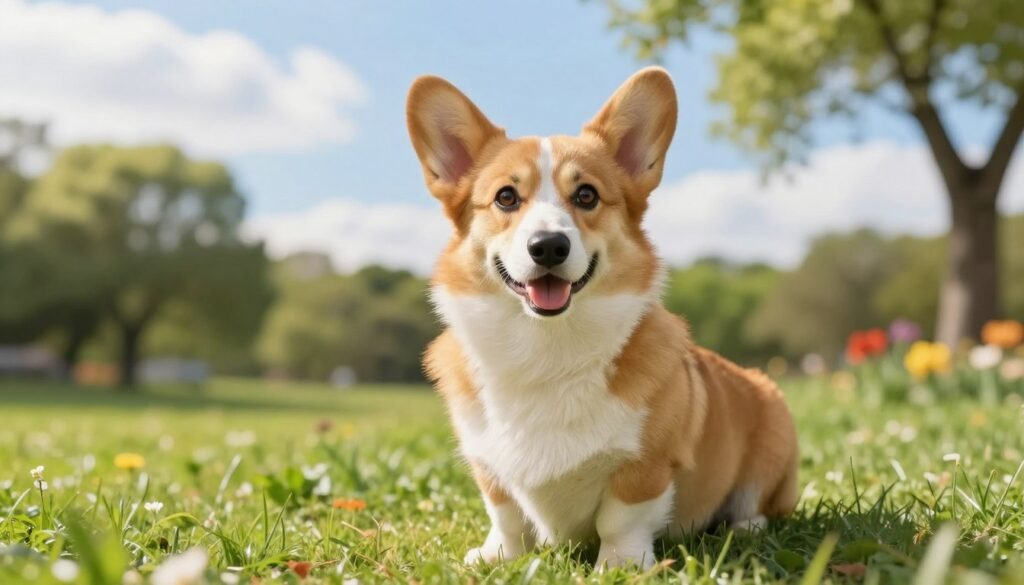 A cheerful Cardigan Welsh Corgi sits in a lush green park, showcasing its healthy physique and vibrant fur. The dog is positioned in the foreground, with bright eyes radiating energy and friendliness. In the middle ground, a few soft-focus trees and colorful flowers create a serene, natural setting that enhances the sense of well-being. The background features a sunlit blue sky with gentle, fluffy clouds, casting a warm, inviting light across the scene. The overall atmosphere is joyful and uplifting, symbolizing health and vitality. The image should be captured from a low angle to emphasize the Corgi's stature, with a soft focus on the surroundings to draw attention to the subject. A cheerful Cardigan Welsh Corgi sits in a lush green park, showcasing its healthy physique and vibrant fur. The dog is positioned in the foreground, with bright eyes radiating energy and friendliness. In the middle ground, a few soft-focus trees and colorful flowers create a serene, natural setting that enhances the sense of well-being. The background features a sunlit blue sky with gentle, fluffy clouds, casting a warm, inviting light across the scene. The overall atmosphere is joyful and uplifting, symbolizing health and vitality. The image should be captured from a low angle to emphasize the Corgi's stature, with a soft focus on the surroundings to draw attention to the subject.