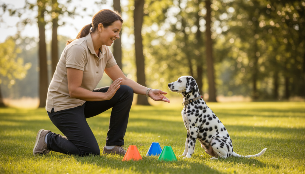 A cheerful Dalmatian puppy sits attentively in a sunlit grassy park, showcasing its distinctive black spots against its shiny white coat. In the foreground, a dedicated trainer, dressed in a smart casual outfit, demonstrates a command while holding a treat, engaging the puppy's focus. The middle ground features a few colorful training cones arranged in a playful pattern, emphasizing the active nature of the training session. In the background, a soft blur of trees and a clear blue sky create a serene atmosphere, enhancing the sense of a warm, inviting day. Natural sunlight filters through the leaves, casting gentle shadows, and infusing the scene with a joyful energy, perfect for illustrating training tips for Dalmatian owners.