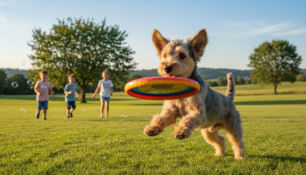A cheerful Dandie Dinmont Terrier in a lively park setting. In the foreground, feature the dog with its characteristic long, flowing coat and distinctive topknot, energetically playing with a colorful frisbee. Its expressive eyes radiate loyalty and playfulness. In the middle ground, a well-maintained grassy area offers ample space for exercise, with a few playful children in modest casual clothing running and laughing, enhancing the scene's joyful atmosphere. The background showcases gentle hills and scattered trees under a clear blue sky, adding depth and tranquility to the image. Soft, warm sunlight filters through the leaves, creating a welcoming and cheerful mood, perfect for illustrating the exercise needs of this spirited breed.