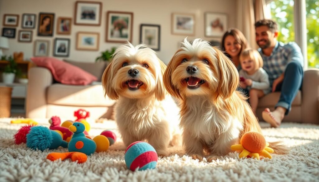 A cheerful Havanese dog sitting on a soft, fluffy carpet in a sunlit living room. The dog has a playful expression, with its long, silky fur reflecting warm sunlight. In the foreground, the Havanese is surrounded by colorful, plush toys, indicating a playful nature. The middle ground features a family of four—two adults in casual clothing and two children, smiling and gently interacting with the dog, showcasing the breed's family-friendly traits. In the background, a cozy, inviting atmosphere with family photos on the walls and a glimpse of greenery through a window suggests warmth and happiness. Use soft, natural lighting to enhance the affectionate and joyful mood, with a slight zoom to bring focus on the Havanese and its loving environment.