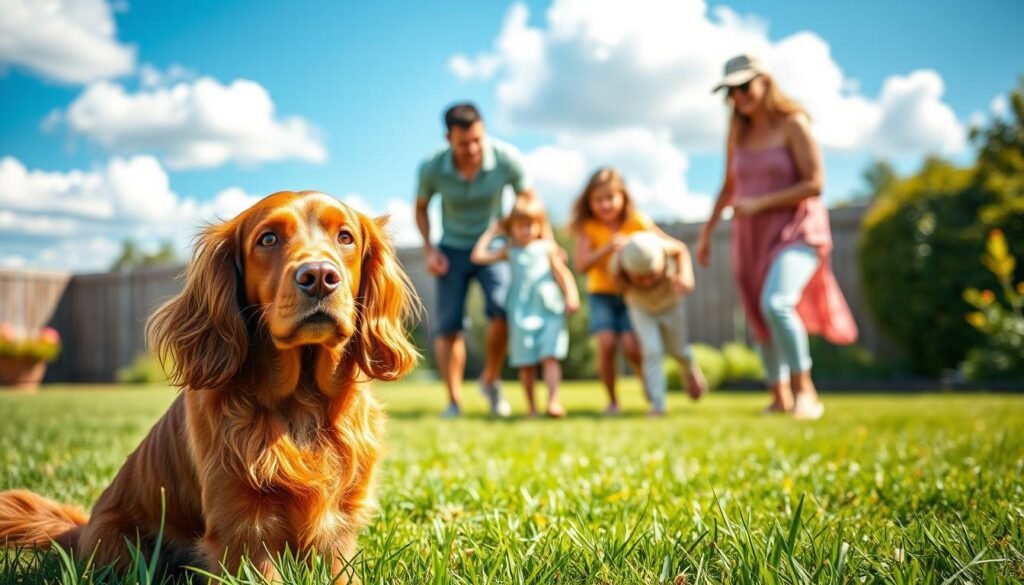 A cheerful Irish Setter, with its characteristic silky, rich red coat and expressive brown eyes, sits playfully in a sunny, grassy yard. The dog is positioned in the foreground, its tail wagging, conveying a friendly and affectionate demeanor suitable for family interactions. In the middle, a happy family of four—two adults in casual summer clothing and two children playing with the dog—interacts joyfully, showcasing the breed's compatibility with families. In the background, a bright blue sky with fluffy white clouds enhances the uplifting atmosphere, while the warm golden sunlight bathes the scene in a soft glow. The focus is sharp on the dog and family, with a gentle bokeh effect for depth, emphasizing the warmth and love between them.
