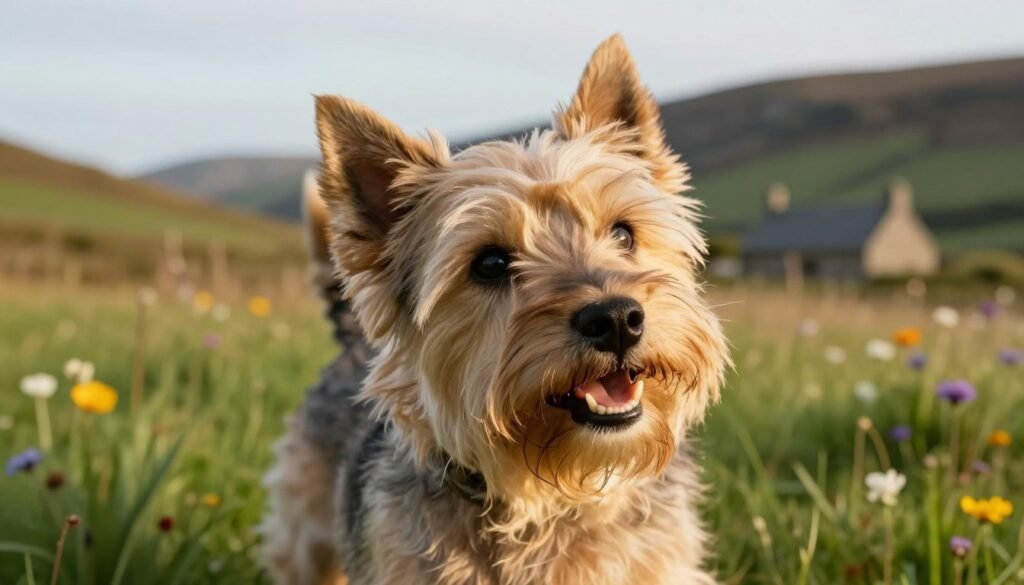 A close-up image of a cheerful Cairn Terrier with a fluffy, weather-resistant coat, showcasing its characteristic bushy eyebrows and expressive eyes. The dog is in the foreground, playfully tilting its head, with a slight grin, conveying its lively personality. Surrounding the dog in the middle ground are soft green grass and scattered colorful wildflowers, highlighting its energetic nature. In the background, a serene Scottish landscape unfolds, featuring rolling hills and a distant stone cottage, subtly hinting at the breed’s origin. The lighting is soft and warm, resembling late afternoon sun, casting gentle shadows that enhance the textures of the fur and the natural environment. The overall mood is joyful and nostalgic, reflecting the breed's rich history as a loyal companion. A close-up image of a cheerful Cairn Terrier with a fluffy, weather-resistant coat, showcasing its characteristic bushy eyebrows and expressive eyes. The dog is in the foreground, playfully tilting its head, with a slight grin, conveying its lively personality. Surrounding the dog in the middle ground are soft green grass and scattered colorful wildflowers, highlighting its energetic nature. In the background, a serene Scottish landscape unfolds, featuring rolling hills and a distant stone cottage, subtly hinting at the breed’s origin. The lighting is soft and warm, resembling late afternoon sun, casting gentle shadows that enhance the textures of the fur and the natural environment. The overall mood is joyful and nostalgic, reflecting the breed's rich history as a loyal companion.