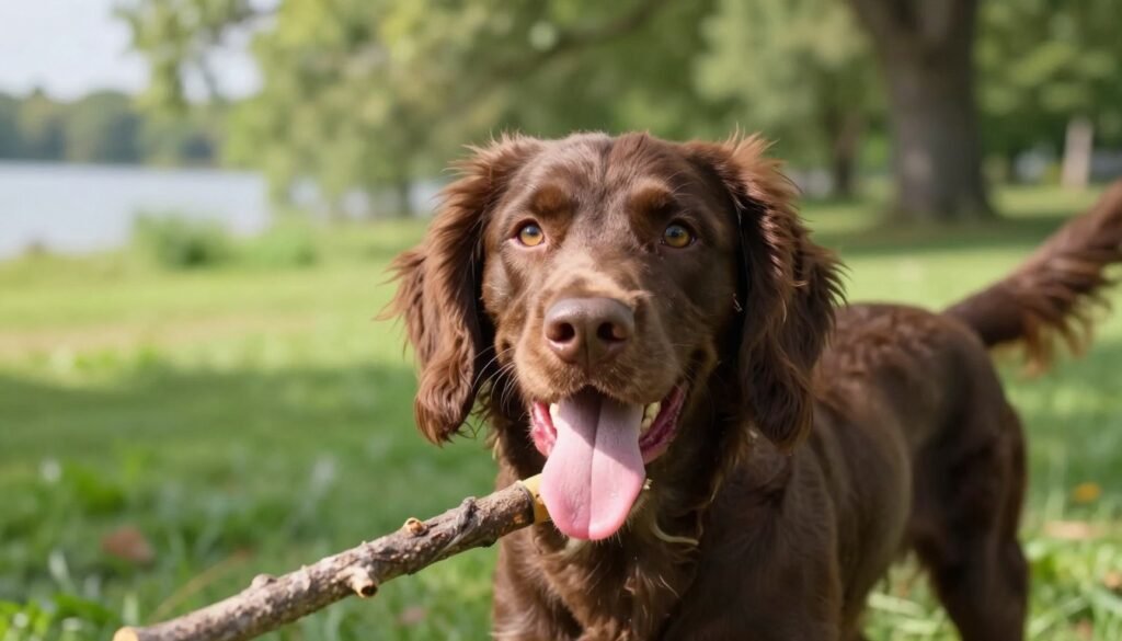 A close-up of a playful and friendly Boykin Spaniel, showcasing its warm brown fur and expressive eyes, capturing its energetic and loyal temperament. In the foreground, the dog is engaged in a joyful pose, possibly retrieving a stick, with its ears perked up and tongue out, radiating enthusiasm. The middle ground features a lush, green outdoor setting, with gentle sunlight filtering through trees, emphasizing the serene yet lively atmosphere. In the background, hints of a lake or open field can be seen, suggesting the breed's love for outdoor activities. The image should have bright, natural lighting, with a soft focus on the surroundings to draw attention to the dog's playful personality. The overall mood is uplifting and inviting, reflecting the Boykin Spaniel's affectionate and spirited nature.