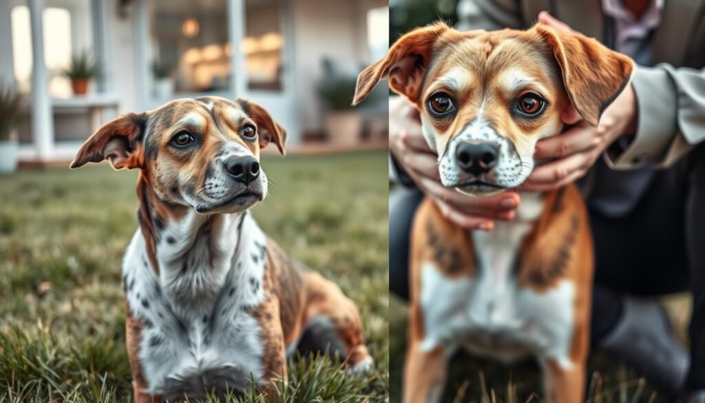 A concerned Harrier dog sitting on a grassy field, showcasing its potential health issues such as skin irritation and weight concerns. The dog appears alert yet slightly anxious, with its coat appearing healthy but with some visible patches indicating possible allergies. In the background, a veterinarian's office can be subtly depicted, with soft, natural lighting filtering through a nearby window, giving a sense of hope and care. Close-up shot focusing on the Harrier's expressive eyes, emphasizing its temperament and the bond with its owner, who is gently comforting the dog, dressed in smart casual attire. The overall atmosphere is a mix of concern and support, highlighting the significance of health awareness in Harrier dogs.