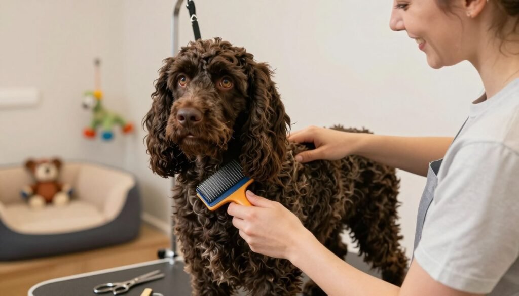 A cozy grooming session for an American Water Spaniel, captured in a well-lit room. In the foreground, a smiling individual in casual attire delicately brushes the dog's rich, curly coat, accentuating its water-resistant texture. The spaniel, with its expressive eyes and floppy ears, looks content and relaxed amidst the grooming. In the middle ground, grooming tools like brushes and scissors are neatly arranged on a table, subtly hinting at the grooming process. The background features warm, soft lighting, with a few dog toys and a comfortable pet bed to create a homely atmosphere. The image should convey tenderness and care, highlighting the bond between the groomer and the dog, showcasing a moment of companionship and nurturing. A cozy grooming session for an American Water Spaniel, captured in a well-lit room. In the foreground, a smiling individual in casual attire delicately brushes the dog's rich, curly coat, accentuating its water-resistant texture. The spaniel, with its expressive eyes and floppy ears, looks content and relaxed amidst the grooming. In the middle ground, grooming tools like brushes and scissors are neatly arranged on a table, subtly hinting at the grooming process. The background features warm, soft lighting, with a few dog toys and a comfortable pet bed to create a homely atmosphere. The image should convey tenderness and care, highlighting the bond between the groomer and the dog, showcasing a moment of companionship and nurturing.