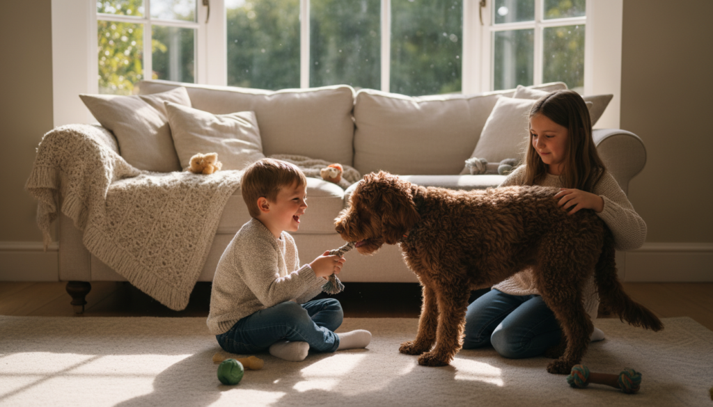 A cozy living room scene featuring a curly-coated retriever playfully interacting with a family. In the foreground, the retriever, with its distinctive tight curls and shiny coat, is engaging with two children, one sitting on the floor and the other kneeling, both dressed in casual clothing. In the middle ground, a comfortable sofa is adorned with a throw blanket and dog toys scattered around. The background includes a warm, inviting window with soft afternoon light streaming in, casting gentle shadows. The atmosphere is joyful and lively, emphasizing the companionship and care involved in living with a curly-coated retriever, showcasing an ideal family setting that reflects love and togetherness. Focus on natural lighting and a balanced composition to enhance warmth and senses of home. A cozy living room scene featuring a curly-coated retriever playfully interacting with a family. In the foreground, the retriever, with its distinctive tight curls and shiny coat, is engaging with two children, one sitting on the floor and the other kneeling, both dressed in casual clothing. In the middle ground, a comfortable sofa is adorned with a throw blanket and dog toys scattered around. The background includes a warm, inviting window with soft afternoon light streaming in, casting gentle shadows. The atmosphere is joyful and lively, emphasizing the companionship and care involved in living with a curly-coated retriever, showcasing an ideal family setting that reflects love and togetherness. Focus on natural lighting and a balanced composition to enhance warmth and senses of home.