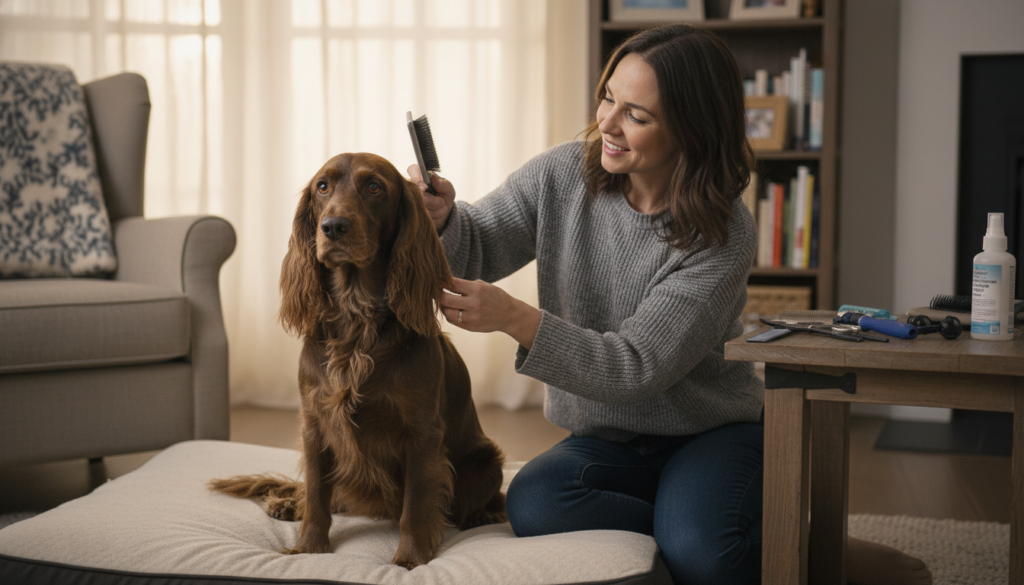 A cozy living room setting showcasing a Field Spaniel being groomed by a caring owner. In the foreground, the Field Spaniel, with its rich, wavy coat and expressive eyes, is sitting on a plush dog bed. The owner, dressed in comfortable, casual clothing, gently brushes the dog's fur, highlighting the bond shared between them. In the middle, grooming tools such as a brush and grooming scissors are artfully arranged on a nearby table, emphasizing the care needed for the breed. The background features warm, inviting lighting streaming through a window, illuminating soft furniture and dog care books stacked on the shelf. The atmosphere is calm and loving, encapsulating the essence of devoted care for Field Spaniels.