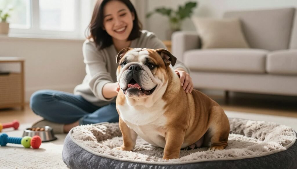 A cozy living room with a relaxed atmosphere, featuring a playful bulldog in the foreground, showcasing its distinctive wrinkled face and stocky build. The bulldog is sitting on a plush dog bed, its tail wagging joyfully, reflecting the pros of bulldog ownership. In the middle ground, a friendly owner, dressed in casual attire, gently petting the bulldog, highlighting the bond and companionship. The background is warmly lit, with soft, natural light streaming through a window, illuminating dog toys and a food bowl on the floor. The mood is cheerful and inviting, perfect for demonstrating both the joys and considerations of having a bulldog. The focus should be sharp on the bulldog and owner, with a slight blur in the background for depth.