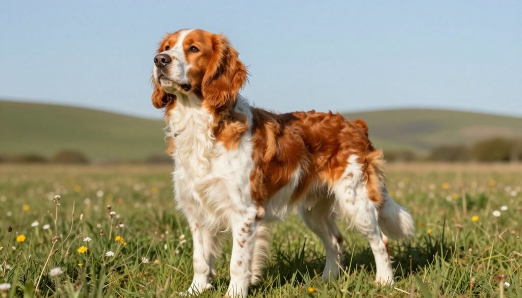 A detailed depiction of a Brittany Spaniel in an outdoor setting, showcasing its notable characteristics. **Foreground:** Feature the dog in a standing pose, highlighting its medium size, athletic build, and distinctive orange and white coat marked by soft, wavy fur. **Middle:** Illustrate an open grassy field with patches of wildflowers, emphasizing the dog's natural hunting instincts and agility. **Background:** Include gently rolling hills under a clear blue sky, creating a serene and inviting atmosphere. Use warm, natural lighting to enhance the dog's features and the vibrant colors of the scenery. Capture the scene from a slightly low angle to emphasize the dogβs proud stance and playful expression, conveying a mood of vitality and companionship, perfect for showcasing the Brittany Spanielβs characteristics. A detailed depiction of a Brittany Spaniel in an outdoor setting, showcasing its notable characteristics. **Foreground:** Feature the dog in a standing pose, highlighting its medium size, athletic build, and distinctive orange and white coat marked by soft, wavy fur. **Middle:** Illustrate an open grassy field with patches of wildflowers, emphasizing the dog's natural hunting instincts and agility. **Background:** Include gently rolling hills under a clear blue sky, creating a serene and inviting atmosphere. Use warm, natural lighting to enhance the dog's features and the vibrant colors of the scenery. Capture the scene from a slightly low angle to emphasize the dogβs proud stance and playful expression, conveying a mood of vitality and companionship, perfect for showcasing the Brittany Spanielβs characteristics.