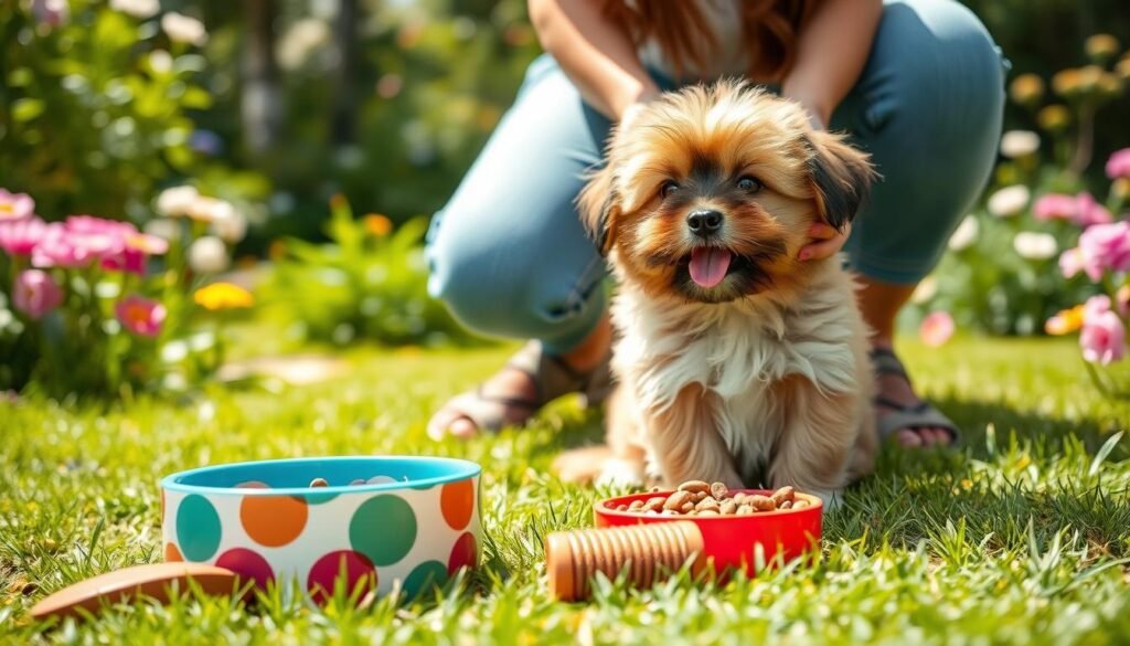 A fluffy, playful Havanese puppy sits in a sunny garden, showcasing its soft, silky fur and joyful expression. In the foreground, include a colorful bowl filled with nutritious dog food and a grooming brush next to it. The middle ground features a pet owner gently petting the puppy, wearing casual attire, demonstrating an affectionate bond, while kneeling on soft grass. In the background, lush greenery and blooming flowers create a vibrant, welcoming atmosphere, symbolizing a healthy environment. Use soft, natural lighting to enhance the puppy’s features and evoke warmth. Capture the scene from a slightly elevated angle, focusing on the connection between the owner and the puppy, emphasizing care and attention to health considerations for new dog parents.
