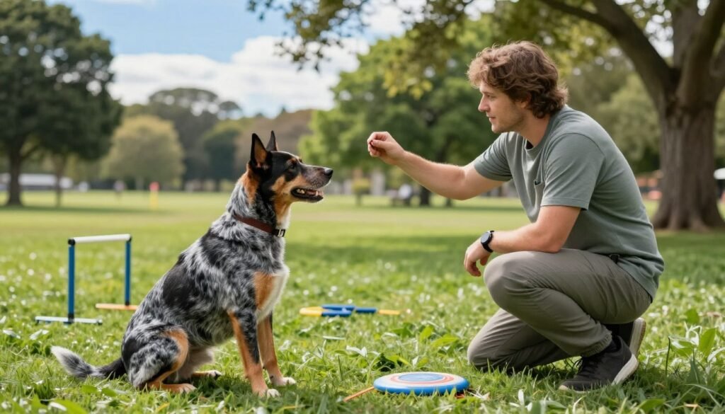 A focused scene of a trainer engaging with an Australian Cattle Dog in a lush green park. In the foreground, the dog, with its distinctive blue-speckled coat and alert posture, is sitting attentively, showcasing its intelligence and eagerness to learn. The trainer, dressed in a modest casual outfit, is crouched down, holding a treat and demonstrating a training command, radiating patience and encouragement. In the middle ground, a few scattered training equipment items like a small agility hurdle and a frisbee can be seen, emphasizing an active training environment. The background features a vibrant landscape with trees, a clear blue sky, and soft sunlight filtering through the leaves, creating a joyful and energetic mood that highlights the bond between the trainer and the dog.