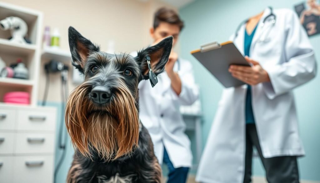 A giant schnauzer in a veterinary clinic setting, focused on its health concerns. In the foreground, the dog is seated alertly, showcasing its distinctive beard and bushy eyebrows, looking slightly anxious. In the middle, a veterinarian, dressed professionally in a lab coat, is gently examining the schnauzer’s ears and checking a health chart on a clipboard, conveying a sense of care and expertise. The background features medical equipment, a shelf with dog care products, and soothing pastel-colored walls to create a calming atmosphere. The lighting is bright and clinical, emphasizing the importance of health check-ups. The overall mood should be informative and supportive, highlighting the focus on giant schnauzer health issues and care.