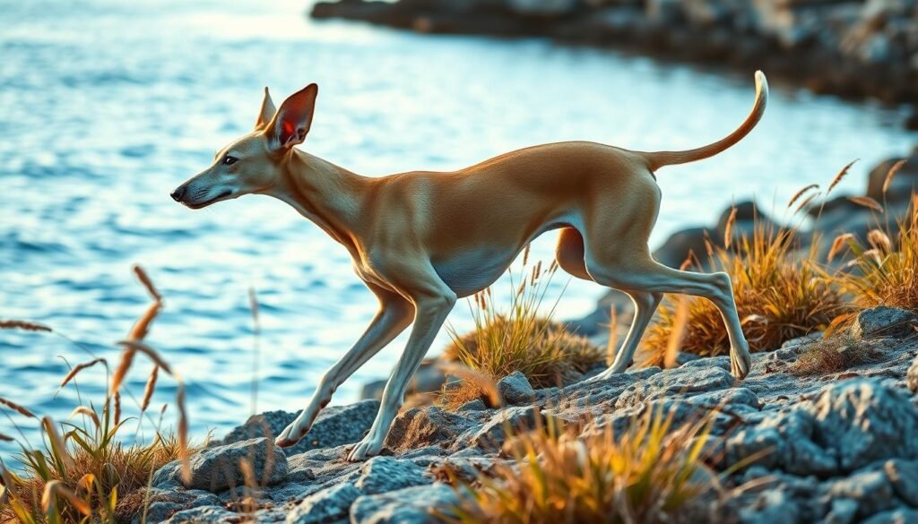 A graceful Ibizan Hound in mid-hunt, poised elegantly on a rocky coastline. The foreground features the sleek, athletic breed with its distinctive large ears and sleek coat, showcasing subtle variations of fawn and white hues. In the middle ground, the dog is surrounded by wild grasses swaying gently in the breeze, highlighting its agility and focus. The background reveals a tranquil sea, reflecting the warm glow of a setting sun, casting golden light on the scene. The atmosphere is serene yet dynamic, capturing the essence of this ancient breed's hunting roots. The image is shot at a low angle to emphasize the dog’s powerful stance and grace, with soft, natural lighting that enhances the colors and textures of the environment.
