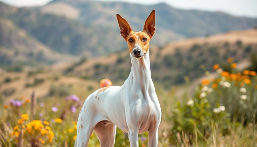 A graceful Ibizan Hound stands proudly in a serene outdoor setting, showcasing its unique physical traits and personality. In the foreground, the slender, athletic dog displays its long neck, large erect ears, and short, sleek coat, primarily white with splashes of fawn. The breed's alert, intelligent expression highlights its friendly demeanor. In the middle ground, a subtle hint of its playful nature is captured as the dog interacts with a colorful toy. The background features a sunlit Mediterranean landscape with gentle hills and blooming wildflowers, creating a relaxed and vibrant atmosphere. Soft, natural lighting enhances the dog's features, while a shallow depth of field draws focus to the Ibizan Hound. The overall mood is lively yet peaceful, reflecting the breed's spirited and affectionate personality traits.