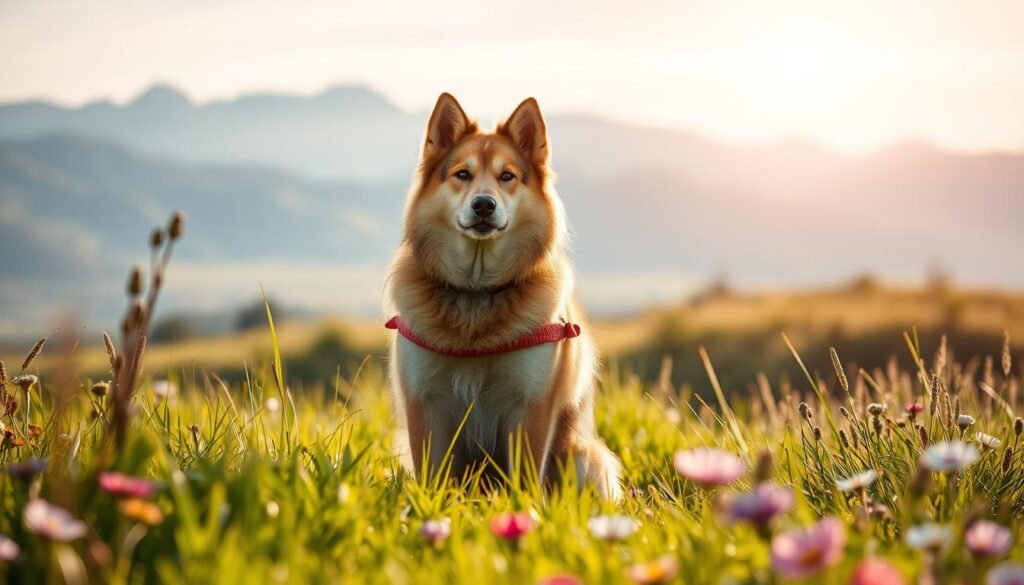 A harmonious scene showcasing a Kai Dog in a lush, natural environment, emphasizing its vitality and well-being. In the foreground, a healthy, vibrant Kai Dog sits proudly, its thick, double coat gleaming under warm, natural sunlight. The dog displays its strong, athletic build, with alert ears and an expressive face, symbolizing its robust health. In the middle ground, soft green grass and colorful wildflowers encircle the dog, enhancing the peaceful atmosphere. In the background, a serene landscape unfolds, featuring distant mountains and a clear blue sky. The composition should be framed with a soft focus to draw attention to the dog while maintaining a tranquil and uplifting mood, perfect for illustrating lifespan and general health.