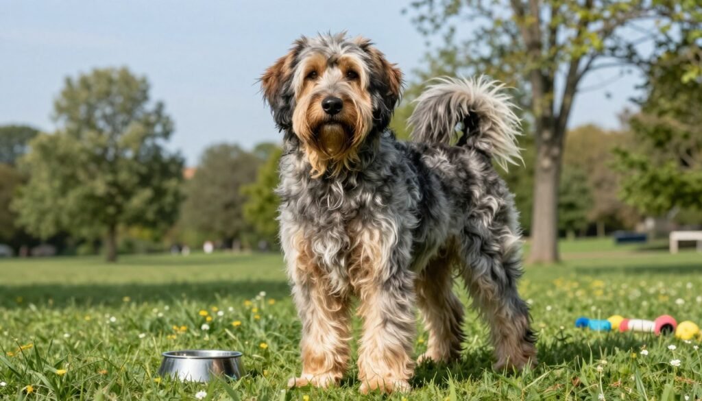A healthy Bouvier des Flandres dog stands proudly in the foreground, showcasing its robust build and distinctive coat texture. The dog is posed in a lush, green park, embodying vitality and strength, with its fur gleaming under soft, natural sunlight. In the middle ground, a serene setting includes a clear blue sky and gentle trees swaying in a light breeze, evoking a peaceful atmosphere. Subtly included are signs of health and wellness, like a bowl of fresh water nearby, and a few scattered toys that denote an active lifestyle. The angle is low, capturing the dog's majestic stature while providing an engaging view of its expressive eyes. The overall mood is one of tranquility and well-being, radiating the enduring bond between the breed and its owners.