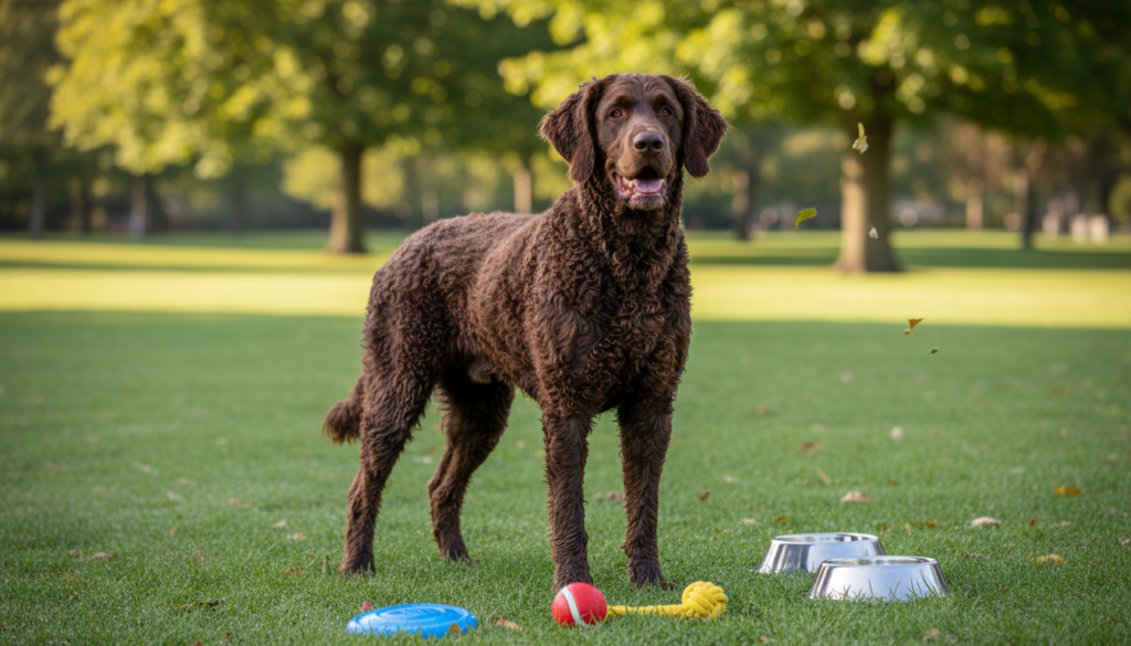 A healthy Curly-Coated Retriever proudly standing in a lush green park, reflecting its vigorous nature. In the foreground, the dog’s tight, waterproof coat glistens in the soft morning light, showcasing its unique curls. The middle ground features a few scattered, colorful toys and water bowls, emphasizing the playful aspect of canine wellness. The background consists of a serene landscape with trees and a gentle breeze causing leaves to flutter, creating a peaceful atmosphere. The lighting is warm and natural, simulating a sunny day. The image captures the vitality and joy of the breed, evoking a sense of health and well-being, ideal for potential dog owners considering this loyal companion. A healthy Curly-Coated Retriever proudly standing in a lush green park, reflecting its vigorous nature. In the foreground, the dog’s tight, waterproof coat glistens in the soft morning light, showcasing its unique curls. The middle ground features a few scattered, colorful toys and water bowls, emphasizing the playful aspect of canine wellness. The background consists of a serene landscape with trees and a gentle breeze causing leaves to flutter, creating a peaceful atmosphere. The lighting is warm and natural, simulating a sunny day. The image captures the vitality and joy of the breed, evoking a sense of health and well-being, ideal for potential dog owners considering this loyal companion.