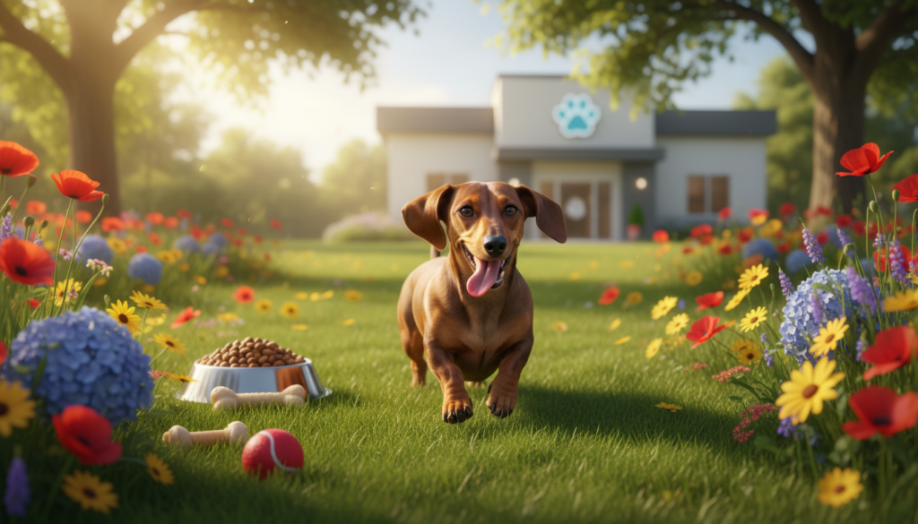 A healthy Dachshund dog in an outdoor setting, capturing its quintessential long body and short legs, with a shiny coat reflecting good health. The dog is playfully running on a green lawn, surrounded by colorful flowers and soft sunlight filtering through trees, creating a cheerful atmosphere. In the foreground, focus on the Dachshund's smiling face, showcasing its playful nature, with its tongue out and ears flopping in motion. In the middle ground, include a dog bowl filled with nutritious food and a few toys scattered around, symbolizing proper care. In the background, a soft-focus vet clinic can be seen, subtly hinting at health treatments and care. The scene has a warm, inviting glow, portraying a sense of well-being and vitality.