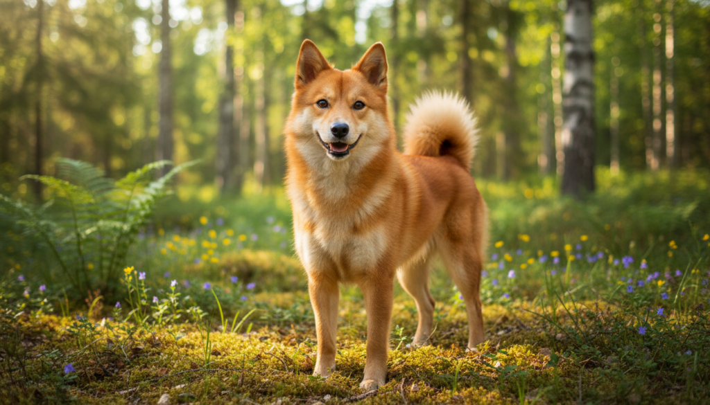 A healthy Finnish Spitz standing proudly in a lush green forest setting, showcasing its thick double coat in golden-orange hues. In the foreground, the dog's expressive eyes capture its friendly and loyal nature, while playful energy radiates from its stance. In the middle ground, gentle sunlight filters through the tree canopy, casting soft dappled light on the dog, enhancing the vibrancy of its fur. A blurred background of tall trees and wildflowers creates a serene atmosphere, suggesting the beauty of the Finnish outdoors. The scene is shot at a low angle, emphasizing the dog's stature and vitality, while evoking a sense of warmth and companionship. The overall mood is uplifting and inviting, symbolizing a healthy, joyful life for the Finnish Spitz.