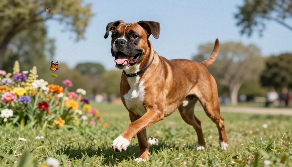 A healthy, energetic Boxer dog is the focus of this image, showcasing its muscular build and joyful demeanor. In the foreground, the dog is playfully running on a grassy field, its shiny coat glistening in the sunlight. The middle ground features a variety of colorful flowers and a few playful butterflies, enhancing the lively atmosphere. In the background, a soft-focus park scene stretches out, with trees gently swaying and a clear blue sky above, conveying a sense of freedom and vitality. Use bright, natural lighting to highlight the Boxer’s features, capturing an uplifting and cheerful mood. The angle should be slightly low, giving an elevated view of the dog in action, emphasizing its health and happiness.