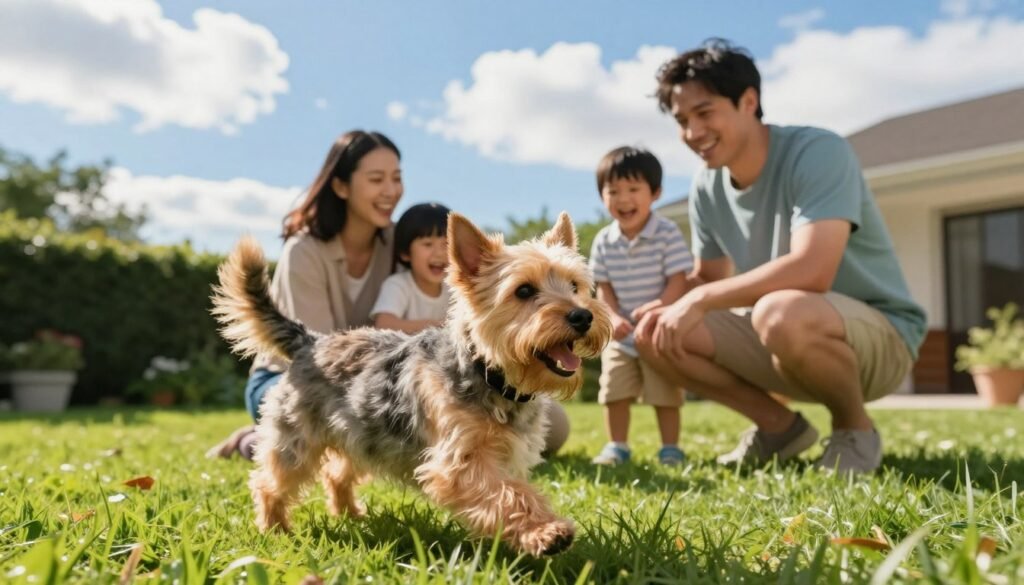 A joyful Cairn Terrier playing in a sunny backyard, surrounded by a family of four enjoying a lively afternoon. In the foreground, the playful dog showcases its energetic personality with a wagging tail and playful expression. In the middle section, the family is engaging with the dog, showing affection and connection, with a parent kneeling and a child laughing. The background features a bright blue sky, fluffy white clouds, and a vibrant green lawn, enhancing the cheerful atmosphere. The lighting is warm and natural, creating a sense of happiness and companionship. The scene captures the loving and loyal nature of Cairn Terriers, ideal for active families, evoking a homey and joyful mood. A joyful Cairn Terrier playing in a sunny backyard, surrounded by a family of four enjoying a lively afternoon. In the foreground, the playful dog showcases its energetic personality with a wagging tail and playful expression. In the middle section, the family is engaging with the dog, showing affection and connection, with a parent kneeling and a child laughing. The background features a bright blue sky, fluffy white clouds, and a vibrant green lawn, enhancing the cheerful atmosphere. The lighting is warm and natural, creating a sense of happiness and companionship. The scene captures the loving and loyal nature of Cairn Terriers, ideal for active families, evoking a homey and joyful mood.