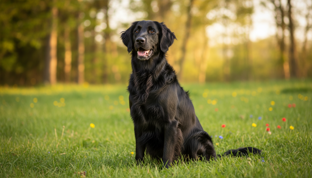 A joyful Flat-Coated Retriever with an intelligent gaze, proudly sitting in a grassy field. In the foreground, the dog is facing slightly to the left, showcasing its shiny black coat and expressive eyes filled with energy. In the middle ground, a few colorful wildflowers peek through the grass, adding a sense of playfulness. The background features soft, out-of-focus trees bathed in warm, golden sunlight, creating an inviting and serene atmosphere. The lighting is natural and bright, enhancing the coat's glossiness. Capture this moment with a slight low-angle perspective to emphasize the dog's proud stature while portraying the loyal and friendly temperament associated with this breed. The overall mood should reflect warmth, companionship, and intelligence.