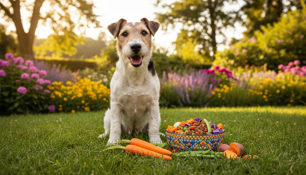 A joyful Fox Terrier in a sunny, lush garden, sitting happily beside a stylish, colorful dog bowl filled with nutritious dog food. The foreground features the lively Fox Terrier, showcasing its distinct wiry coat and bright, expressive eyes. In the middle, vibrant vegetables like carrots, peas, and sweet potatoes are artfully scattered around the dog bowl, emphasizing a balanced diet. The background displays a serene outdoor setting with flowering plants and trees, bathed in warm, golden daylight. The scene is shot from a low angle to highlight the dog's energetic pose, creating an inviting and cheerful atmosphere. Soft, natural lighting enhances the colors and brings out the happiness of the Fox Terrier, capturing the essence of its spirited character in a healthy lifestyle.