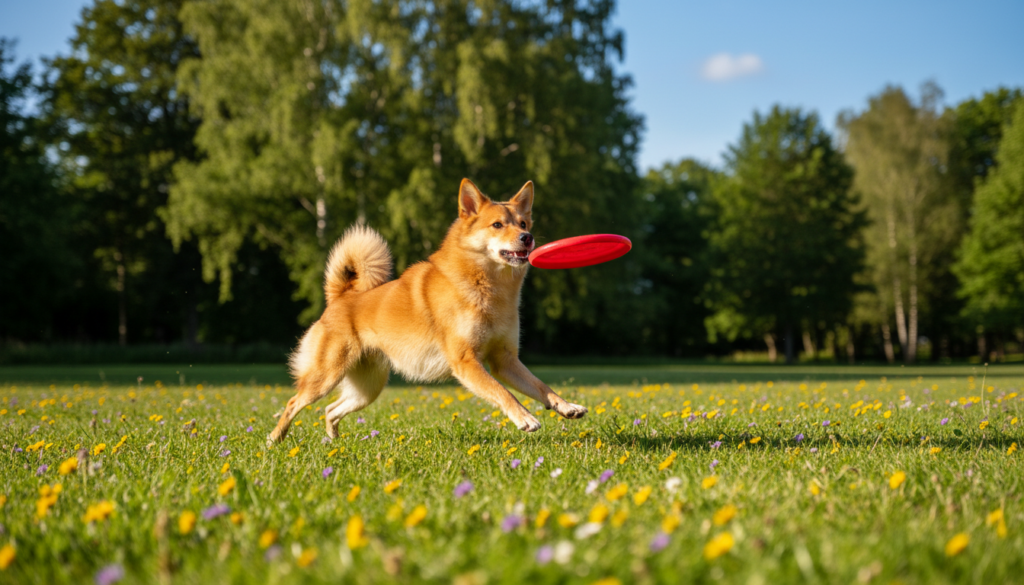 A lively Finnish Spitz dog energetically playing fetch in a sunny park. In the foreground, the dog, with its thick, fluffy orange coat and pointed ears, is caught mid-action, leaping towards a flying frisbee. The middle section features an open grassy field dotted with colorful wildflowers, highlighting the dog's playful nature. In the background, tall trees stretch towards a clear blue sky, with soft sunlight filtering through the leaves, creating dappled shadows on the ground. The atmosphere is joyful and vibrant, capturing the essence of outdoor exercise. The image is framed at a slightly low angle to emphasize the dog's agility, with a focus on dynamic movement.