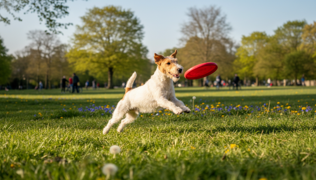 A lively Fox Terrier in an outdoor setting, showcasing its active lifestyle. In the foreground, the dog playfully chases a bright red frisbee, its ears perked and fur gleaming in golden sunlight. The middle ground features a lush green park with scattered trees and colorful wildflowers, framing the joyous scene. In the background, a clear blue sky evokes a sense of openness, while distant figures of joggers add to the dynamism, all while remaining soft-focused. The lighting is warm and natural, creating an inviting atmosphere, captured with a slight low-angle perspective to emphasize the dog's energy and enthusiasm. Aim to convey a cheerful, energetic mood that reflects the spirit and temperament of the Fox Terrier.