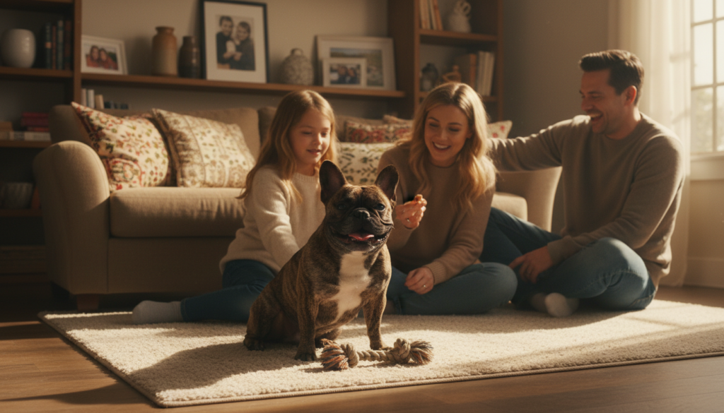 A lively French Bulldog sitting playfully in a softly sunlit living room, showcasing its affectionate and jovial temperament. The foreground features the dog with a joyful expression, ears perked up, emphasizing its friendly nature. In the middle ground, family members, dressed in modest casual clothing, are interacting with the dog, creating a warm, inviting atmosphere. The background includes cozy furniture and family photos that add to the sense of home. The lighting is warm and natural, casting gentle shadows that enhance the cheerful mood. Capture the essence of companionship and playfulness, highlighting the unique personality of French Bulldogs in a heartwarming setting.