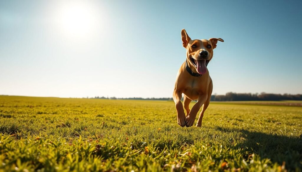 A lively Harrier dog, with its sleek body and distinct short coat, is energetically exercising outdoors on a lush green field. In the foreground, the dog is captured mid-run, showcasing its athleticism and agility, with its ears flapping in motion and tongue out in excitement. The middle ground features a clear sky with soft, bright sunlight illuminating the scene, creating a warm and playful atmosphere. In the background, there's a distant line of trees, emphasizing the outdoor setting. The image is taken from a low angle, enhancing the dog's powerful stance against the vivid landscape. The overall mood is one of joy and vitality, perfectly reflecting the energetic nature and exercise needs of the Harrier breed.
