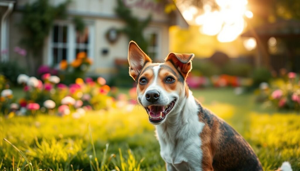 A lively Jack Russell Terrier, embodying its energetic and playful personality, sits in the foreground. The dog is depicted with an alert expression, bright eyes, and its signature wiry coat, showcasing its spirited nature. In the middle ground, a lush green garden is filled with colorful flowers and soft grass, reflecting the breed's love for outdoor play. The background features a cozy family home with warm sunlight streaming through the trees, creating a serene atmosphere. A shallow depth of field emphasizes the dog while softly blurring the vibrant surroundings. The overall mood is cheerful and inviting, capturing the affectionate and lively temperament of the Jack Russell Terrier in a natural setting.