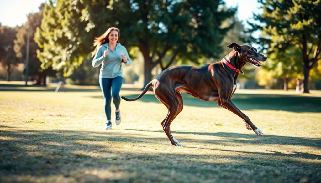 A lively scene showcasing a Greyhound dog engaged in exercise, set in a sunny park. In the foreground, the Greyhound runs gracefully with its sleek, muscular body, showcasing its athletic prowess. The dog's coat is a glossy brindle color, reflecting the sunlight. In the middle, an enthusiastic trainer, dressed in casual sportswear, encourages the dog, demonstrating an engaging bond. In the background, trees and a clear blue sky create a serene atmosphere, enhancing the sense of a peaceful day. Soft, warm lighting casts a gentle glow, highlighting the dog's energy and the trainer’s supportive presence. The overall mood is cheerful and dynamic, perfectly capturing the Greyhound's exercise requirements and the joy of active companionship.