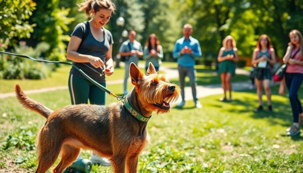 A lively scene showcasing an Irish Terrier in a sunny park during a training session. In the foreground, a well-groomed Irish Terrier, with its distinctive wiry coat and keen expression, is attentively focused on its handler, who is dressed in casual athletic wear. The handler is using positive reinforcement techniques, holding a treat to encourage the dog. In the middle ground, a diverse group of people observes the training, some taking notes, others smiling. In the background, lush greenery and walking paths create a warm, inviting atmosphere. The lighting is bright, suggesting a clear day, with soft shadows enhancing the scene. The overall mood is energetic and educational, reflecting a positive environment for training and socialization.