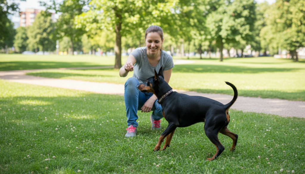A lively training session featuring a German Pinscher in action, showcasing its intelligence and athleticism. In the foreground, a well-groomed German Pinscher is performing a command, ears perked and tail wagging, with a focus on its attentive expression. In the middle ground, a trainer in modest casual clothing demonstrates a command, using a positive reinforcement approach with treats, emphasizing the bond between dog and owner. The background depicts a sunny park with green grass and distant trees, enhancing the serene atmosphere. Soft sunlight filters through the leaves, casting gentle shadows on the ground. The overall mood is positive and energetic, capturing the essence of effective dog training and the joy of working with a German Pinscher.