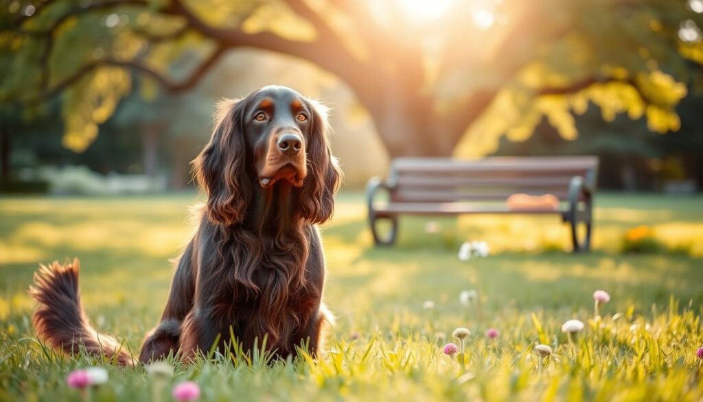 A loyal Gordon Setter, showcasing its affectionate temperament, sits proudly in the foreground, tail wagging and ears perked up. The dog's lustrous, wavy coat shines in the warm, golden sunlight, highlighting its rich mahogany color. Surrounding it, a serene park setting captures the essence of a family environment, with gentle green grass and colorful wildflowers in the middle ground. In the background, a soft focus reveals a cozy wooden bench under an oak tree, symbolizing companionship and comfort. The scene is bathed in soft afternoon light, creating a warm and inviting atmosphere. Capture the loyal and gentle spirit of the Gordon Setter, embodying its role as a beloved family companion. Angle the shot slightly low to emphasize the dog's expression and personality, ensuring it resonates with warmth and affection.