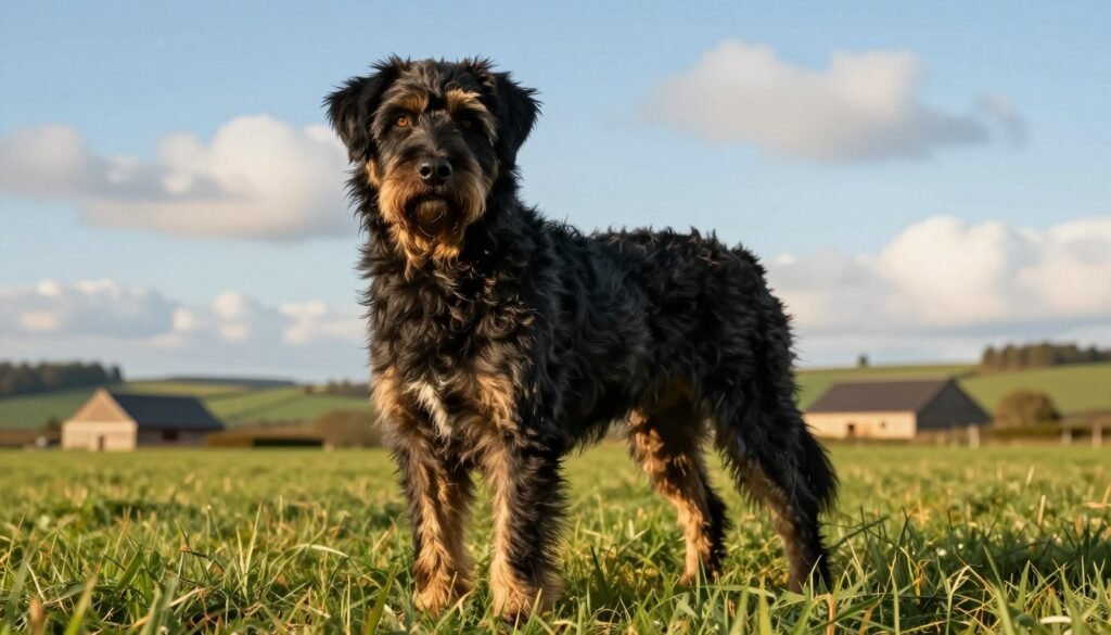 A majestic Bouvier des Flandres, with its robust and muscular build, stands proudly in a verdant field. Its thick, shaggy coat, showcasing shades of black and brindle, glistens softly in the warm, golden sunlight. The dog’s expressive eyes gaze intently, reflecting loyalty and intelligence. In the background, hints of the Flanders countryside emerge, with rolling hills and rustic barns symbolizing its origins as a hardworking farm dog. Soft clouds drift across a bright blue sky, adding a tranquil atmosphere. The scene is shot from a low angle, emphasizing the dog's stature and nobility, while the natural lighting casts gentle shadows, enhancing the texture of its fur and the beauty of the landscape.