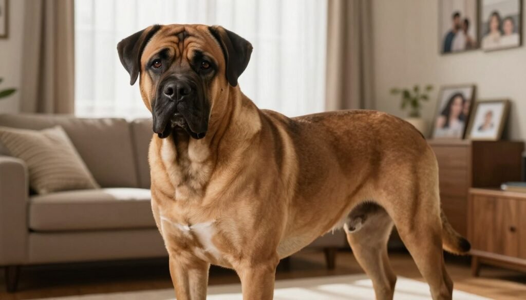 A majestic Bullmastiff standing proudly in a cozy living room setting, embodying strength and loyalty. The dog, known for its large and muscular build, has a short, smooth coat in fawn with a dark mask. Its expressive eyes reflect a protective demeanor. In the background, a warm, inviting home is visible, with comfortable furniture and family photos, creating a sense of belonging. Soft, natural light filters through sheer curtains, casting gentle shadows that evoke a calm atmosphere. The angle captures the dog’s imposing stature while highlighting the homey environment, illustrating the ideal living arrangements for a family with a Bullmastiff. The overall mood should feel safe, nurturing, and harmonious, portraying the Bullmastiff as the perfect family companion. A majestic Bullmastiff standing proudly in a cozy living room setting, embodying strength and loyalty. The dog, known for its large and muscular build, has a short, smooth coat in fawn with a dark mask. Its expressive eyes reflect a protective demeanor. In the background, a warm, inviting home is visible, with comfortable furniture and family photos, creating a sense of belonging. Soft, natural light filters through sheer curtains, casting gentle shadows that evoke a calm atmosphere. The angle captures the dog’s imposing stature while highlighting the homey environment, illustrating the ideal living arrangements for a family with a Bullmastiff. The overall mood should feel safe, nurturing, and harmonious, portraying the Bullmastiff as the perfect family companion.
