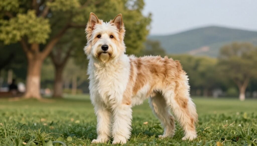 A majestic Canaan Dog standing proudly in a lush, green park setting. In the foreground, the dog is depicted in a three-quarter view, showcasing its medium-sized, athletic build with a balanced posture. Its dense, white and tan coat glistens in the soft morning sunlight, highlighting its erect ears and intelligent gaze. In the middle ground, a few trees with vibrant foliage frame the scene, adding depth while maintaining focus on the dog. In the background, a serene, blurred landscape of rolling hills and blue skies enhances the tranquil atmosphere. The lighting is warm and inviting, evoking a sense of calm and happiness. Captured with a shallow depth of field, the image conveys the Canaan Dog's unique personality, emphasizing its alertness and adaptability. A majestic Canaan Dog standing proudly in a lush, green park setting. In the foreground, the dog is depicted in a three-quarter view, showcasing its medium-sized, athletic build with a balanced posture. Its dense, white and tan coat glistens in the soft morning sunlight, highlighting its erect ears and intelligent gaze. In the middle ground, a few trees with vibrant foliage frame the scene, adding depth while maintaining focus on the dog. In the background, a serene, blurred landscape of rolling hills and blue skies enhances the tranquil atmosphere. The lighting is warm and inviting, evoking a sense of calm and happiness. Captured with a shallow depth of field, the image conveys the Canaan Dog's unique personality, emphasizing its alertness and adaptability.