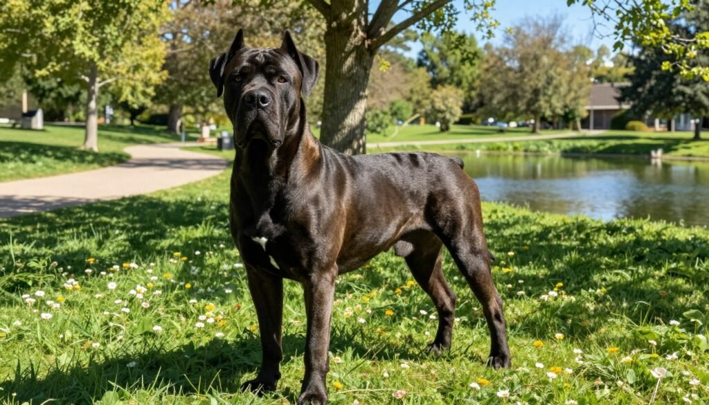 A majestic Cane Corso, showcasing its strong and muscular frame, stands confidently in the foreground, embodying loyalty and protection. Its deep, expressive eyes convey a calm yet alert temperament. In the middle ground, a serene park setting with lush green grass and scattered wildflowers highlights the Cane Corso's versatility as a family companion. Soft sunlight filters through the trees, creating dappled patterns on the ground, enhancing the peaceful atmosphere. In the background, a gently winding path leads to a tranquil pond, reflecting the clear blue sky. The scene captures a harmonious balance between energy and tranquility, illustrating the Cane Corso's loyal nature and adaptable temperament. Use a slightly elevated angle to create depth, emphasizing the dog's proud posture and the surrounding natural beauty. A majestic Cane Corso, showcasing its strong and muscular frame, stands confidently in the foreground, embodying loyalty and protection. Its deep, expressive eyes convey a calm yet alert temperament. In the middle ground, a serene park setting with lush green grass and scattered wildflowers highlights the Cane Corso's versatility as a family companion. Soft sunlight filters through the trees, creating dappled patterns on the ground, enhancing the peaceful atmosphere. In the background, a gently winding path leads to a tranquil pond, reflecting the clear blue sky. The scene captures a harmonious balance between energy and tranquility, illustrating the Cane Corso's loyal nature and adaptable temperament. Use a slightly elevated angle to create depth, emphasizing the dog's proud posture and the surrounding natural beauty.