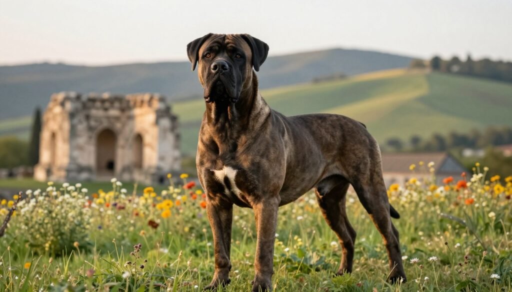 A majestic Cane Corso standing proudly in an Italian countryside setting, showcasing its powerful build and noble demeanor. In the foreground, the dog exudes confidence with a slightly tilted head, alert eyes reflecting intelligence and loyalty. The middle ground features ancient ruins, hinting at the breed's historical roots, surrounded by vibrant wildflowers and lush grass. In the background, rolling hills under a soft morning light create a warm and inviting atmosphere. Use a slightly blurred focus on the ruins to emphasize the Cane Corso. The scene captures the essence of history and companionship, with a serene yet powerful mood. Shot with a 50mm lens to highlight details, ensuring gentle lighting enhances the breed's features without harsh shadows. A majestic Cane Corso standing proudly in an Italian countryside setting, showcasing its powerful build and noble demeanor. In the foreground, the dog exudes confidence with a slightly tilted head, alert eyes reflecting intelligence and loyalty. The middle ground features ancient ruins, hinting at the breed's historical roots, surrounded by vibrant wildflowers and lush grass. In the background, rolling hills under a soft morning light create a warm and inviting atmosphere. Use a slightly blurred focus on the ruins to emphasize the Cane Corso. The scene captures the essence of history and companionship, with a serene yet powerful mood. Shot with a 50mm lens to highlight details, ensuring gentle lighting enhances the breed's features without harsh shadows.