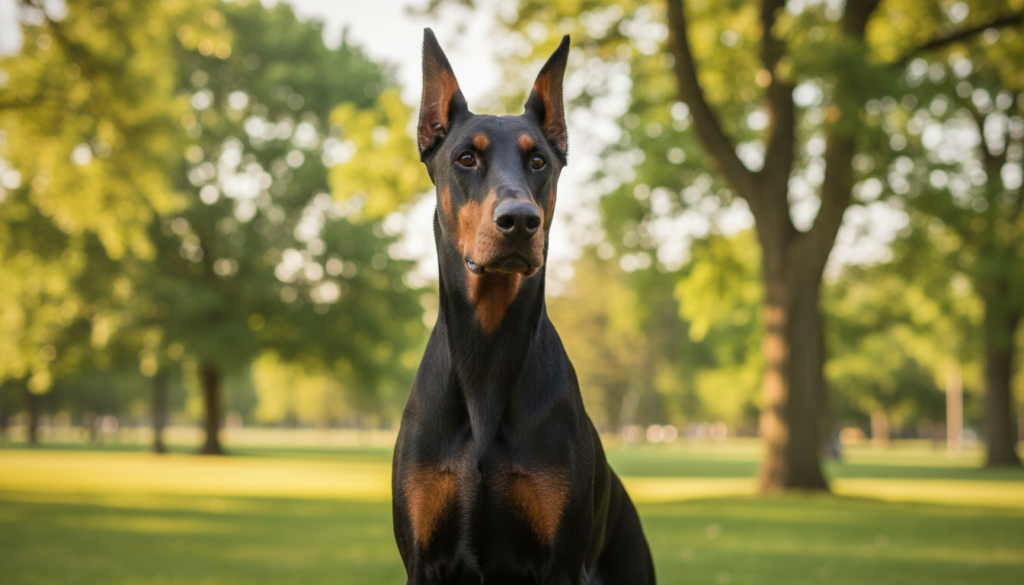 A majestic Doberman Pinscher stands confidently in the foreground, showcasing its sleek and muscular physique, shiny black and rust coat glimmering in the natural sunlight. The dog's strong build, pronounced chest, and elegant posture emphasize its athleticism and intelligence. In the middle ground, a blurred green park setting enhances the dog's prominence, with trees creating a harmonious backdrop, adding depth to the scene. Soft, warm lighting bathes the entire image, highlighting the Doberman's expressive eyes and alert ears, which are attentively perked up. The angle is a slightly low viewpoint, capturing the dog as an imposing yet loyal companion, evoking a sense of confidence and loyalty, ideally suited for an article on its physical attributes. The atmosphere is calm and inviting, reflecting the breed's versatility and companionship.