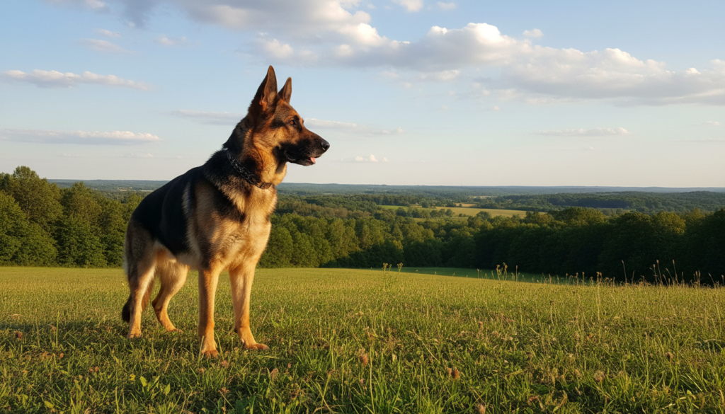 A majestic German Shepherd Dog standing proudly on a grassy hilltop. In the foreground, the dog is depicted in a dynamic pose, showcasing its strong build and intelligent expression, with its distinct black and tan coat shining in the sunlight. The middle ground features a gentle slope leading to a serene landscape of rolling hills and trees, bathed in the warm glow of late afternoon light. In the background, a clear blue sky with fluffy white clouds enhances the inviting atmosphere. The scene conveys a sense of loyalty and companionship, embodying the joys and strengths of the breed. Use soft natural lighting to highlight the textures of the dog's fur and the vibrant colors of the landscape. The camera angle is slightly low, emphasizing the dog's noble stature.
