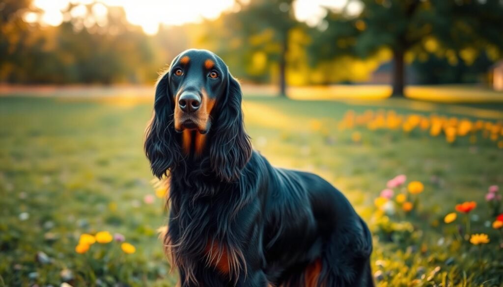 A majestic Gordon Setter stands alert in the foreground, showcasing its distinctive long, flowing black and tan coat, with a focused and intelligent expression in its eyes. The middle ground features a lush, grassy training area dotted with colorful, blooming wildflowers, hinting at a vibrant outdoor scene. In the background, soft-focus trees are bathed in warm, golden afternoon light, creating an inviting atmosphere. The sunlight filters through the leaves, casting gentle shadows and illuminating the dog's features. The image conveys a sense of companionship and dedication, emphasizing the intelligent nature of the Gordon Setter while highlighting a serene and encouraging training environment.